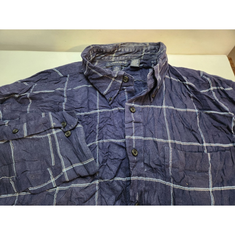 Lands End‎ Mens XL Blue Plaid Flannel Button Down Shirt Long Sleeve Classic Fit